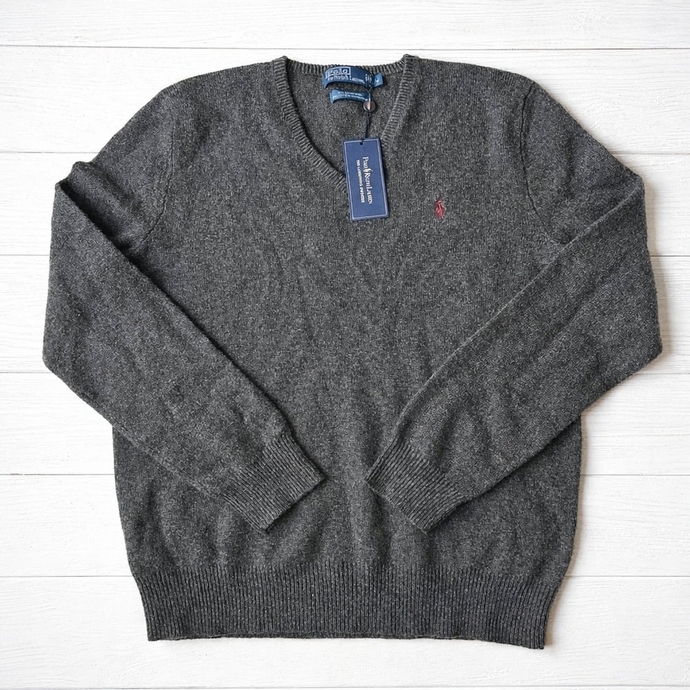 NWT Polo Ralph Lauren Lambswool V-Neck Sweater Gray Burgundy Pony Mens M